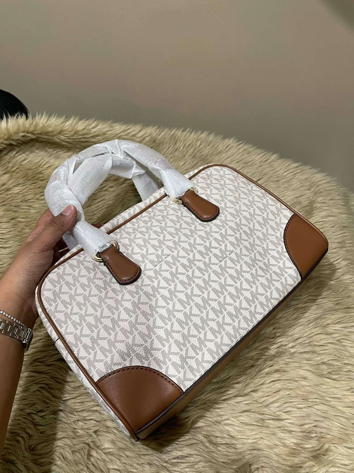 ORIG & IMPORTED Michael Kors MK Thompson Medium Signature Logo Satchel Duffle Brown/White Bag