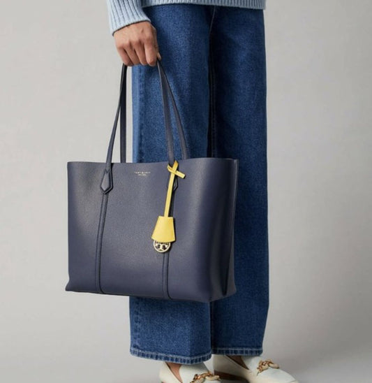 ORIG Preloved Tory Burch Perry Triple Compartment Large Tote Black Blue