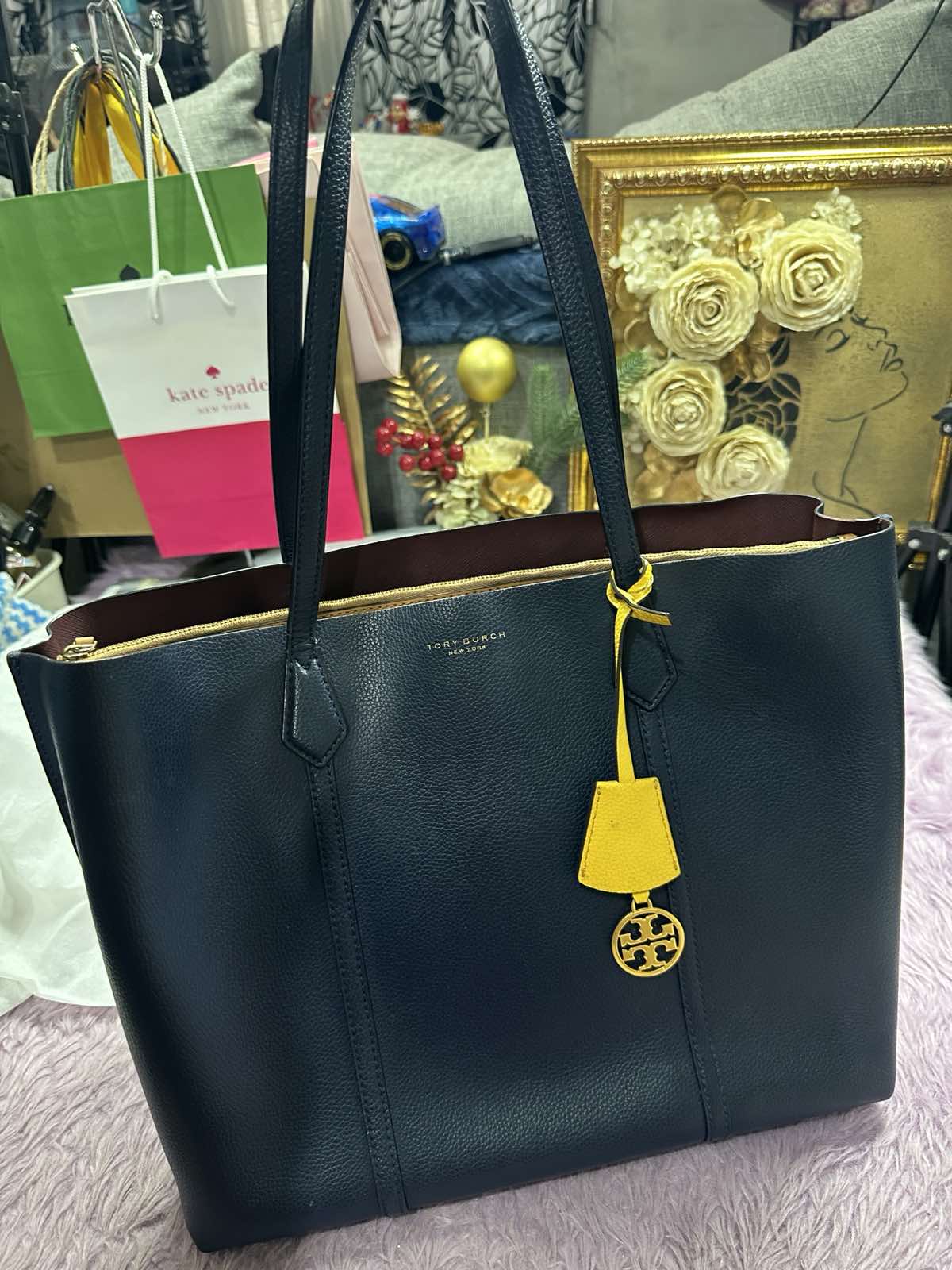 ORIG Preloved Tory Burch Perry Triple Compartment Large Tote Black Blue