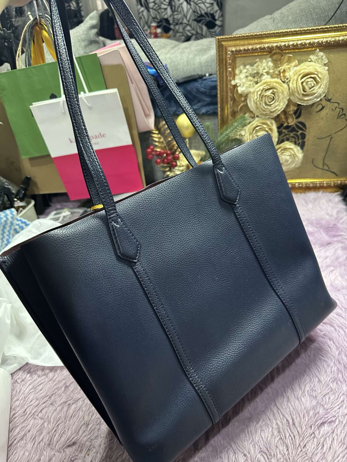 ORIG Preloved Tory Burch Perry Triple Compartment Large Tote Black Blue