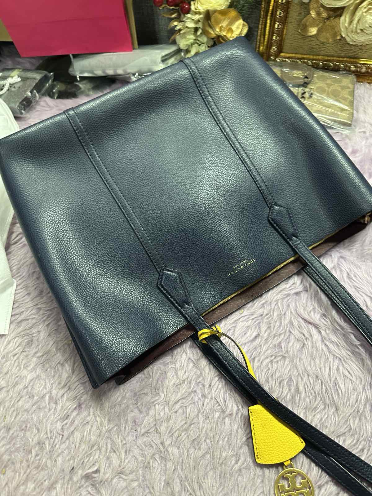 ORIG Preloved Tory Burch Perry Triple Compartment Large Tote Black Blue