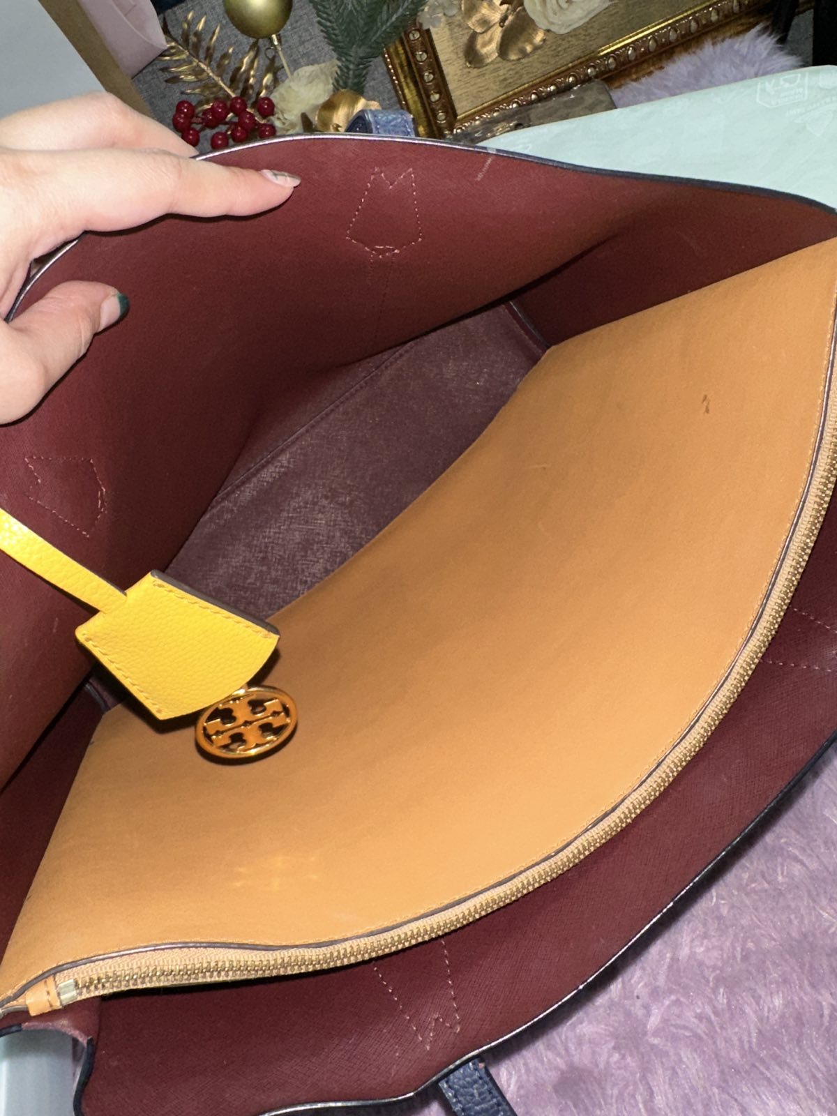 ORIG Preloved Tory Burch Perry Triple Compartment Large Tote Black Blue