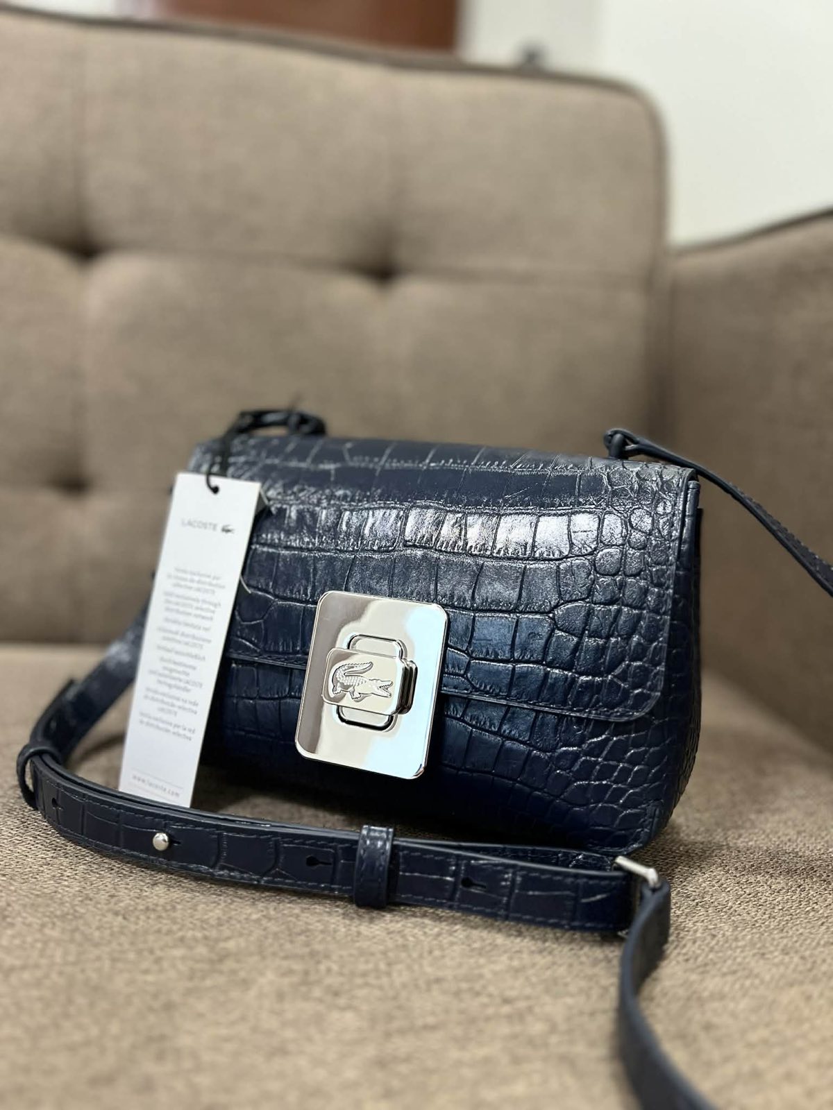 ORIG & IMPORTED Lacoste Amelia Metal Clasp Embossed Leather Crossbody Blue Bag