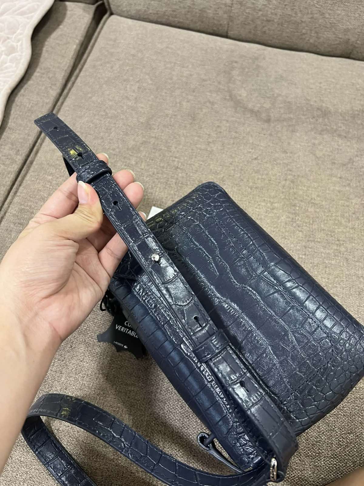 ORIG & IMPORTED Lacoste Amelia Metal Clasp Embossed Leather Crossbody Blue Bag