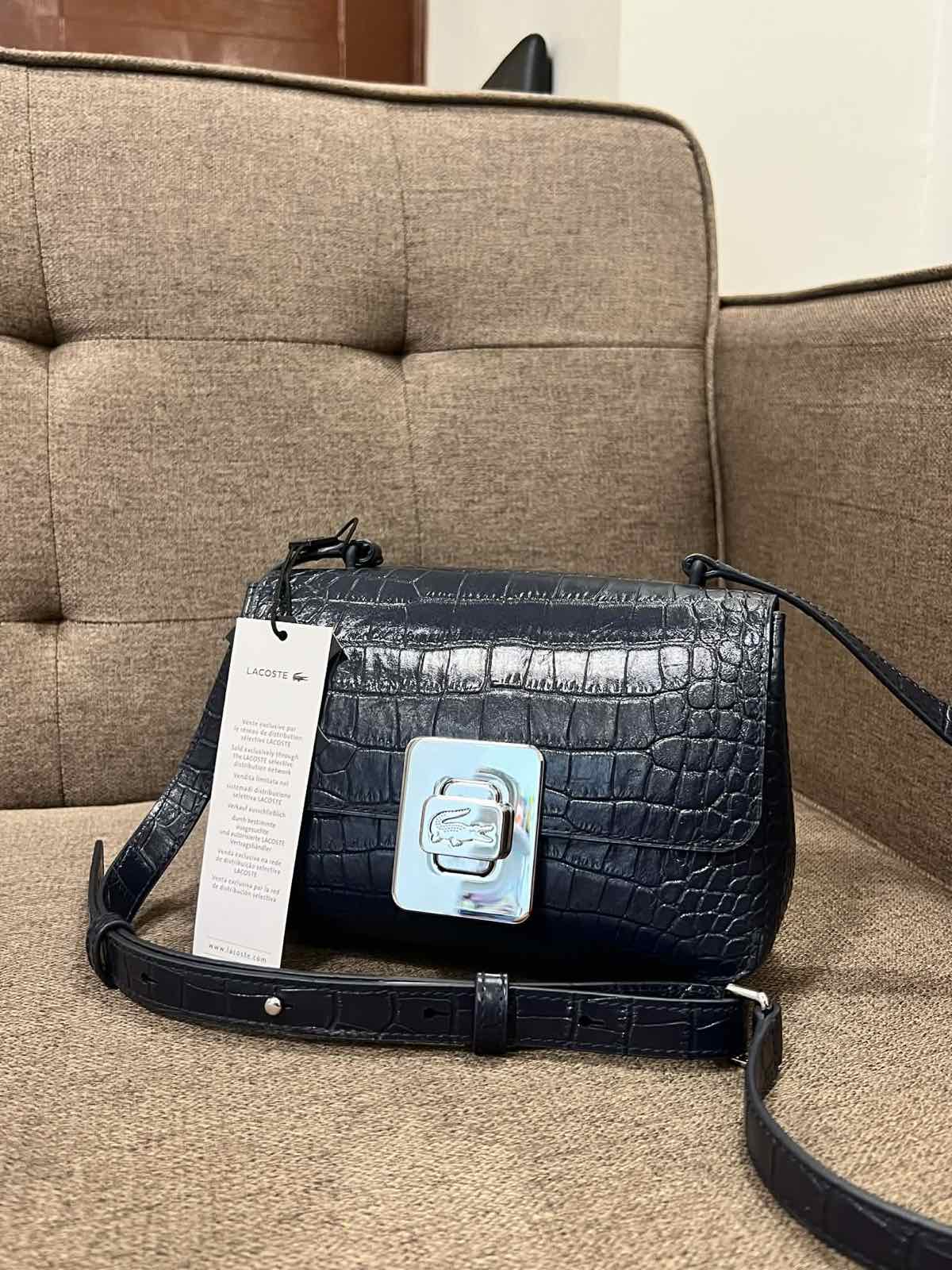 ORIG & IMPORTED Lacoste Amelia Metal Clasp Embossed Leather Crossbody Blue Bag