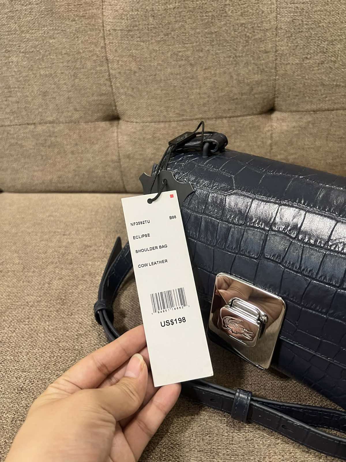 ORIG & IMPORTED Lacoste Amelia Metal Clasp Embossed Leather Crossbody Blue Bag