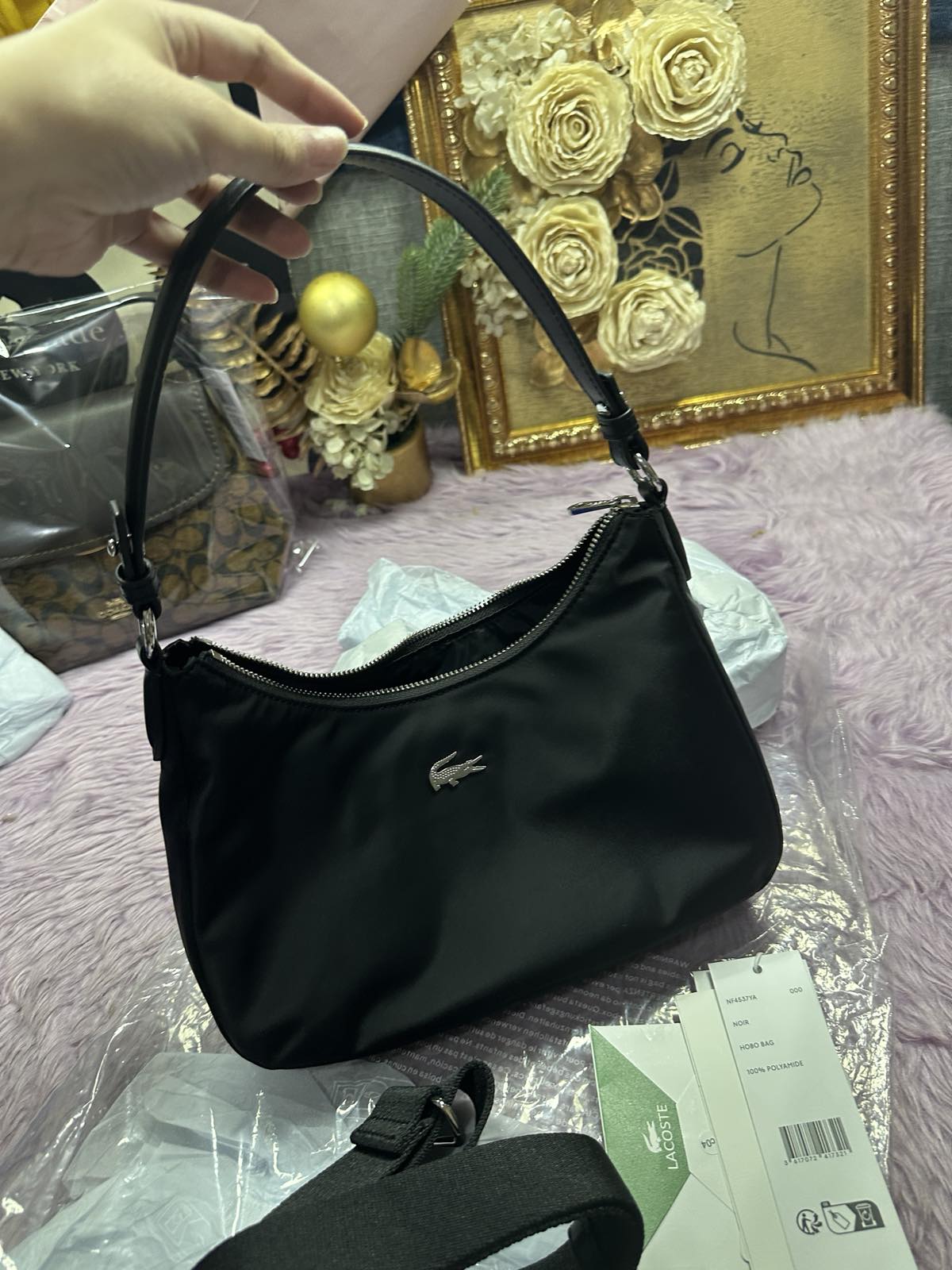 ORIG Preloved Lacoste Izzie Shoulder Black Nylon Bag