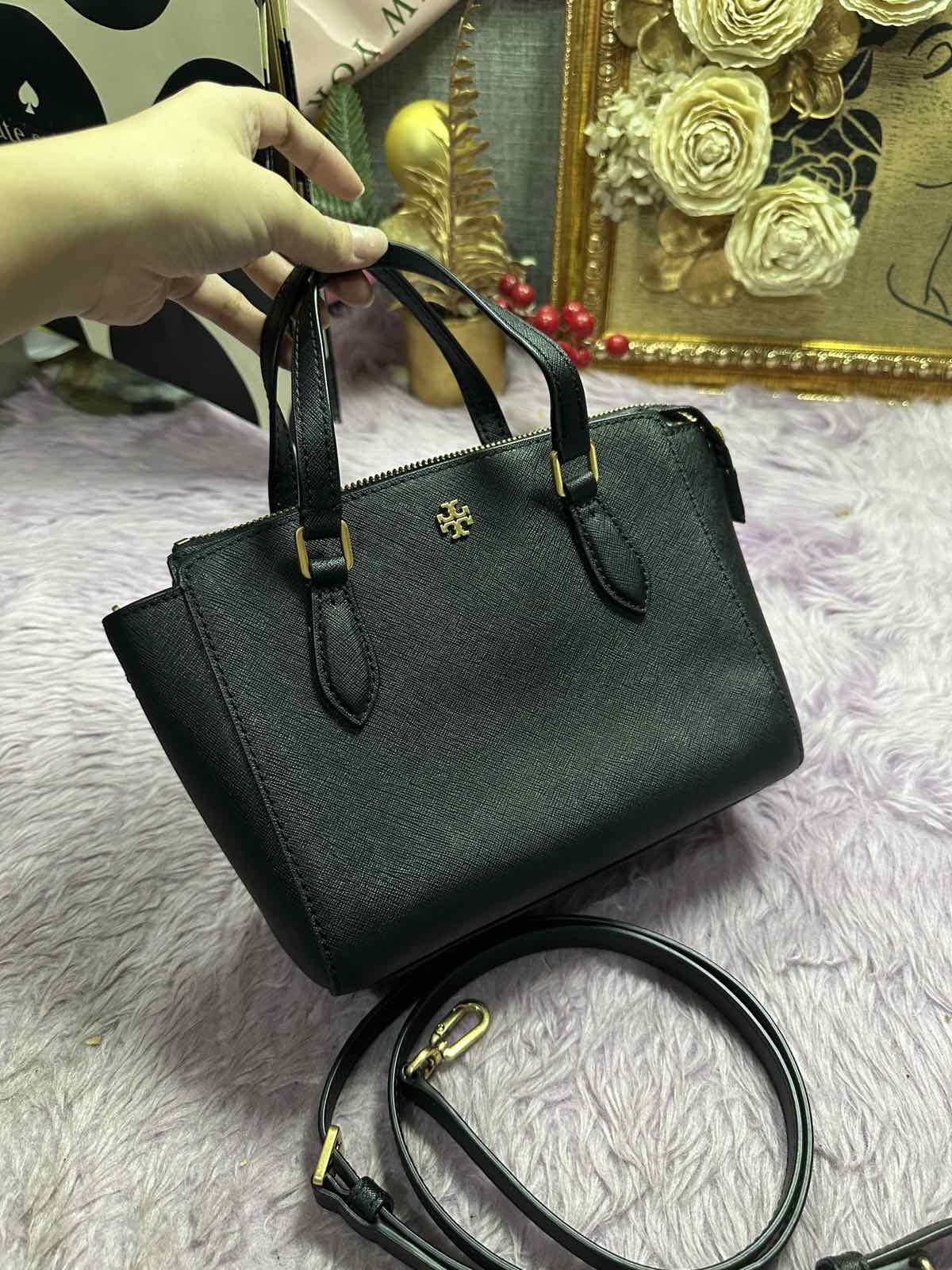 ORIG Preloved Tory Burch Emerson Mini Top Zip Tote Black Bag