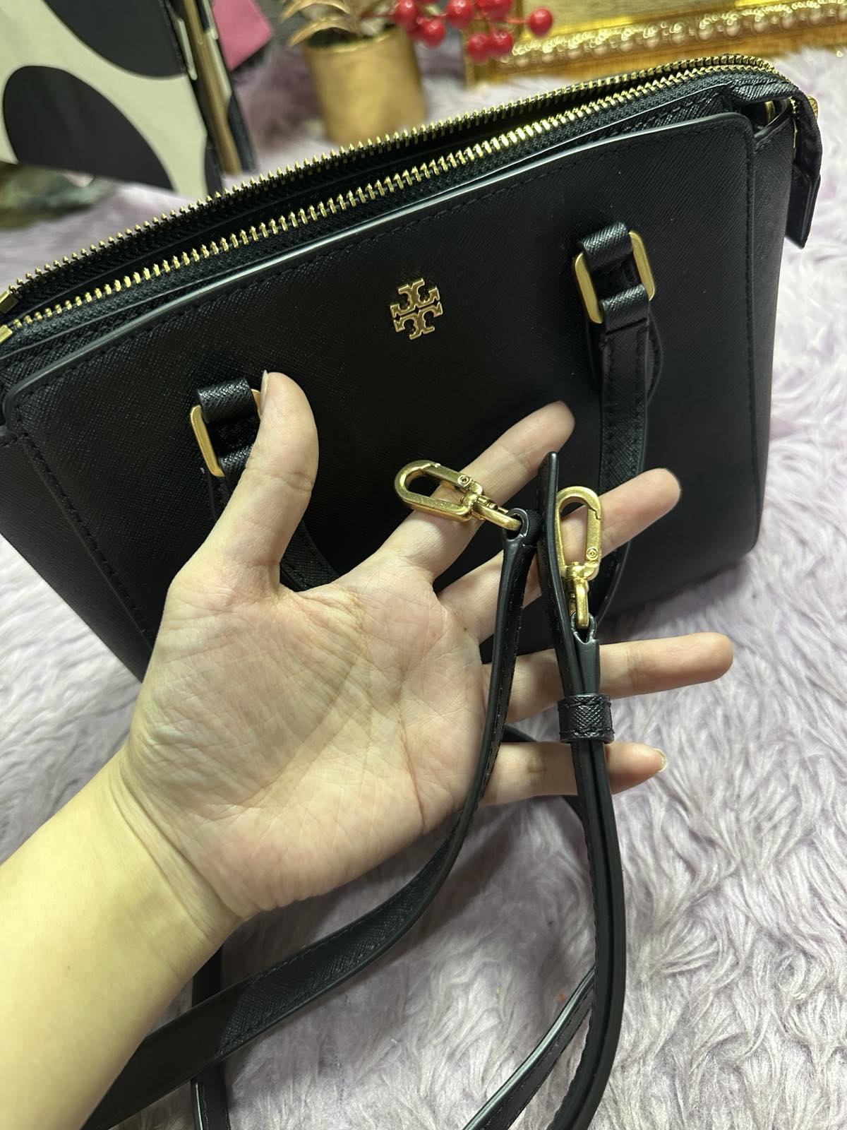 ORIG Preloved Tory Burch Emerson Mini Top Zip Tote Black Bag