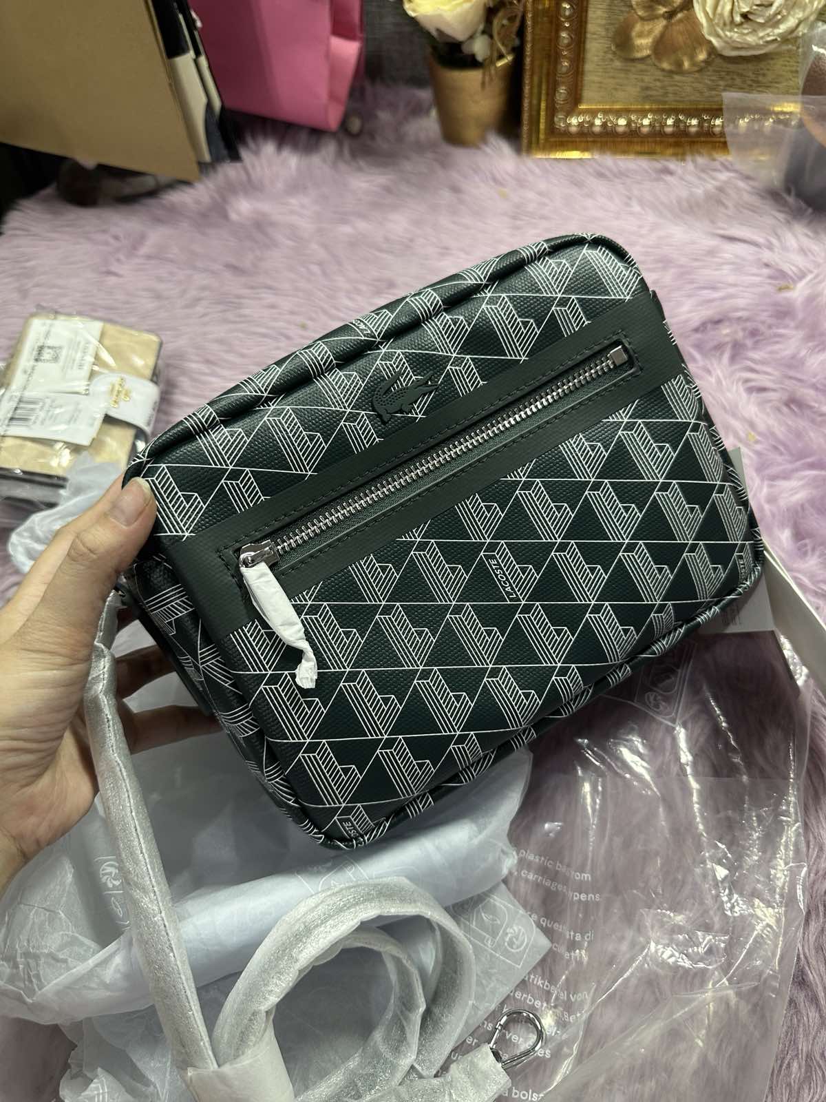 ORIG & IMPORTED Lacoste Zely Coated Canvas Vanity Camera Bag Green