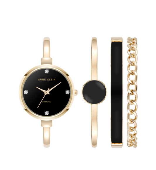 ORIG & IMPORTED Anne Klein AK Bangle Gold Watch and Bracelet Set AK/5142BKST
