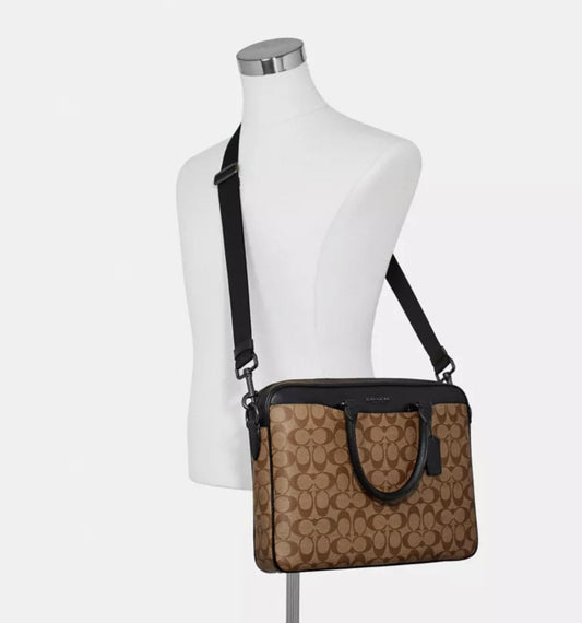 ORIG Preloved Coach Beckett Compact Brief Case Laptop Men's Bag in Khaki Brown