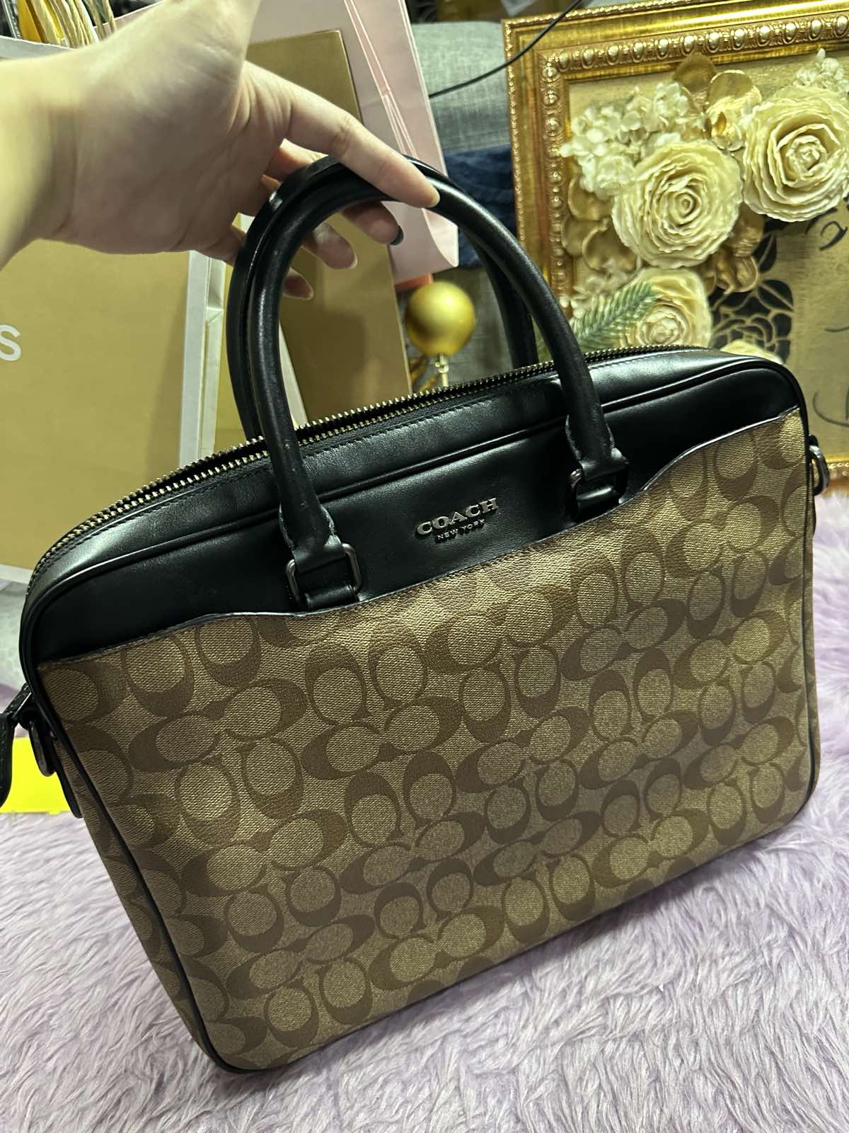 ORIG Preloved Coach Beckett Compact Brief Case Laptop Men's Bag in Khaki Brown