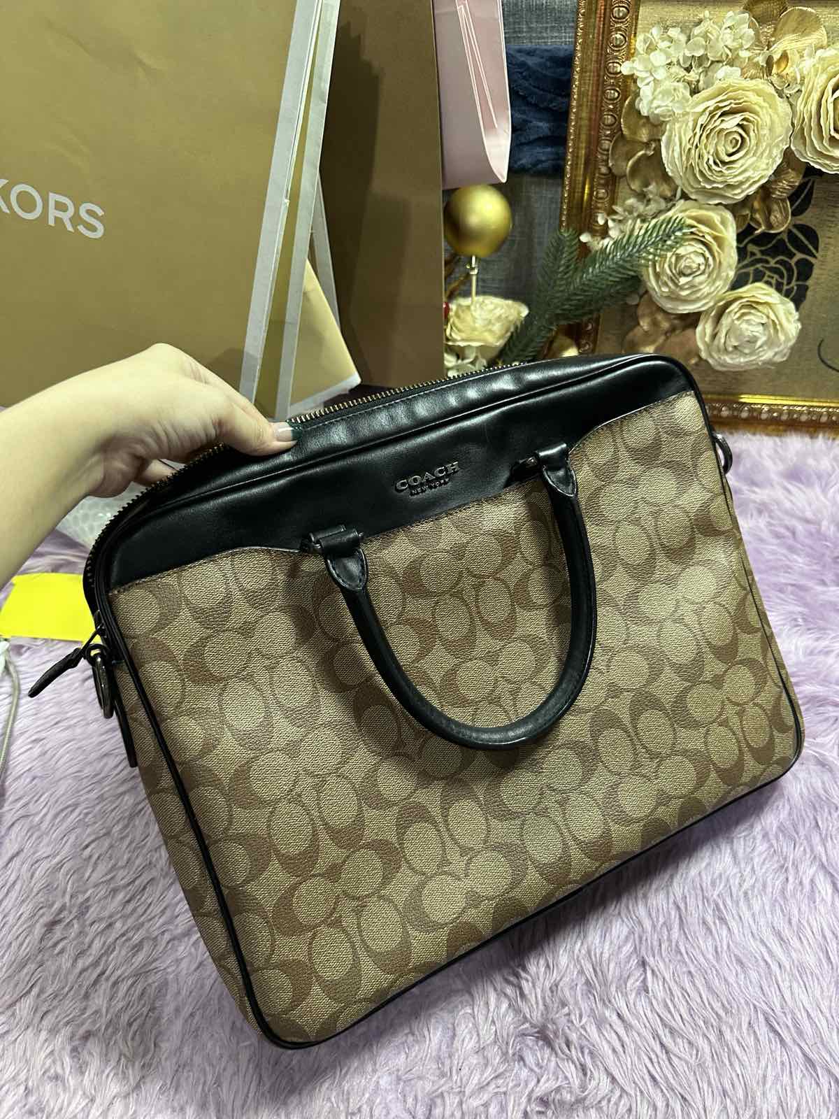 ORIG Preloved Coach Beckett Compact Brief Case Laptop Men's Bag in Khaki Brown