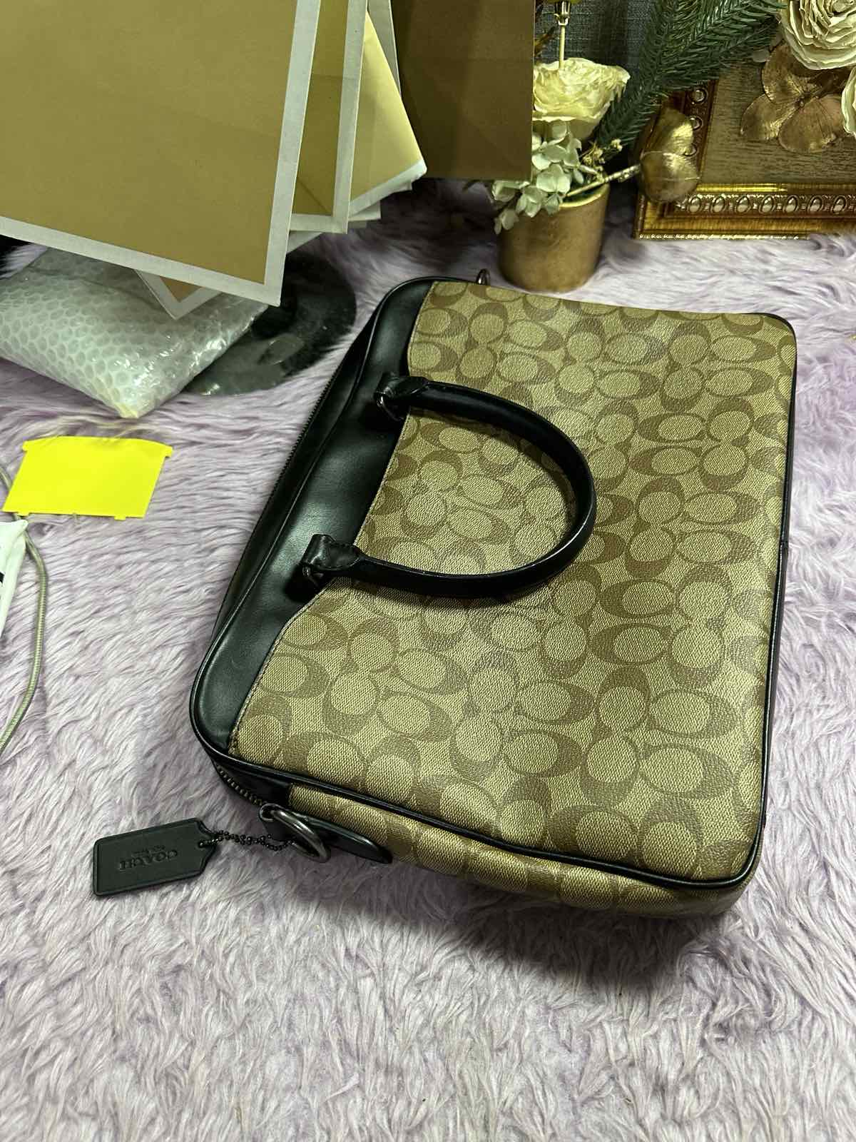 ORIG Preloved Coach Beckett Compact Brief Case Laptop Men's Bag in Khaki Brown