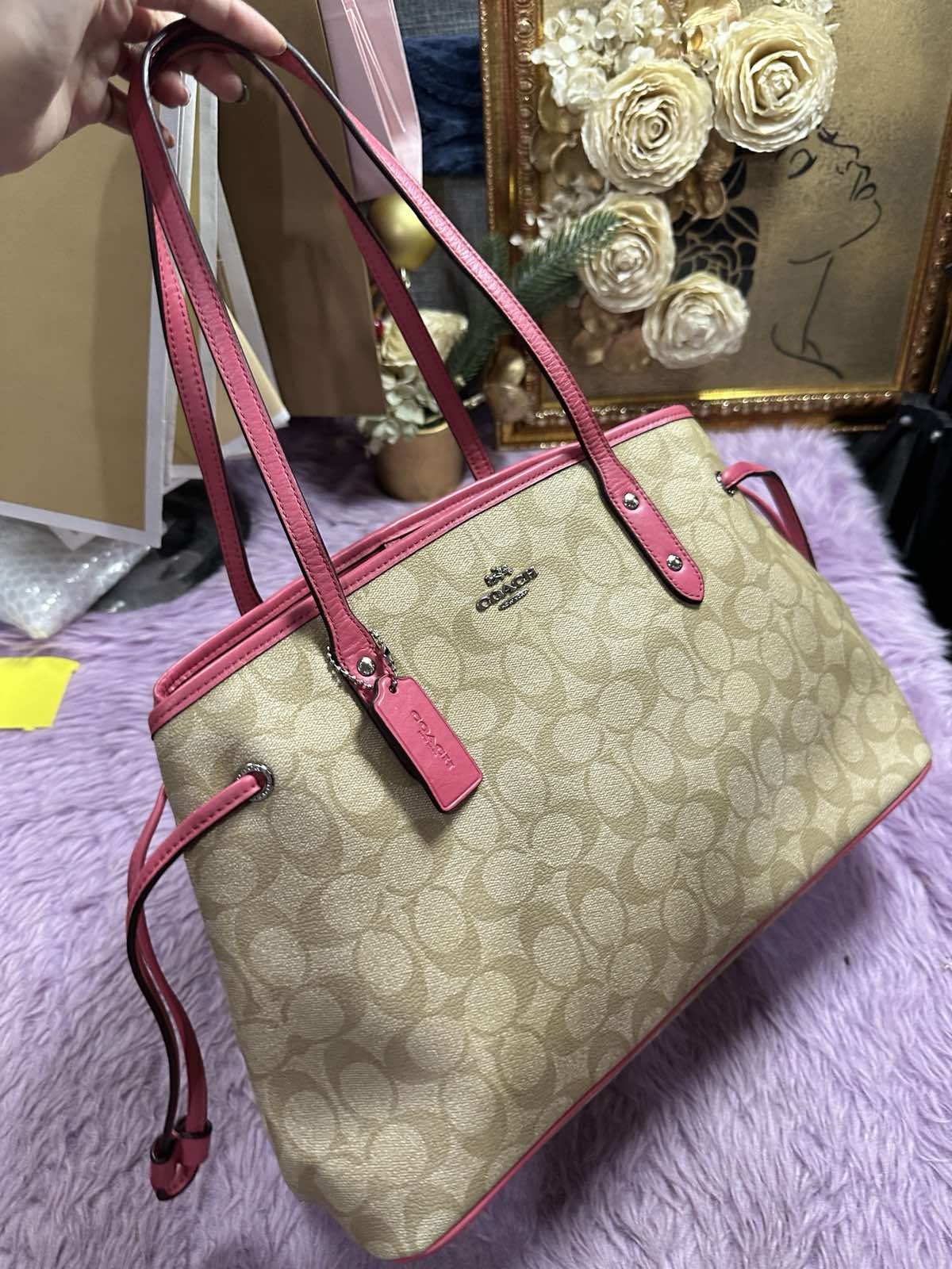 ORIG & IMPORTED Coach Drawstring Carryall Light Khaki/Pink Tote Bag