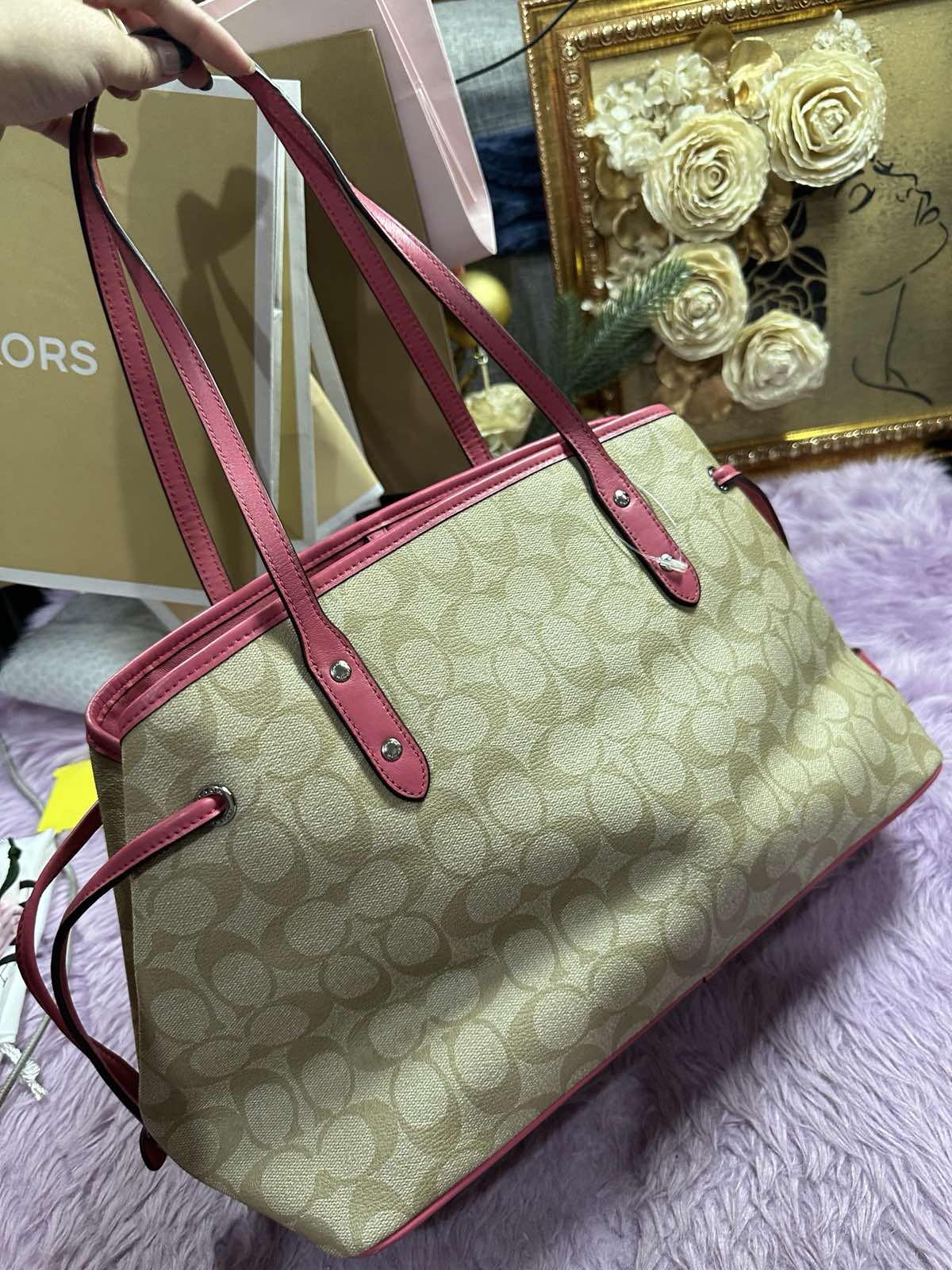 ORIG & IMPORTED Coach Drawstring Carryall Light Khaki/Pink Tote Bag