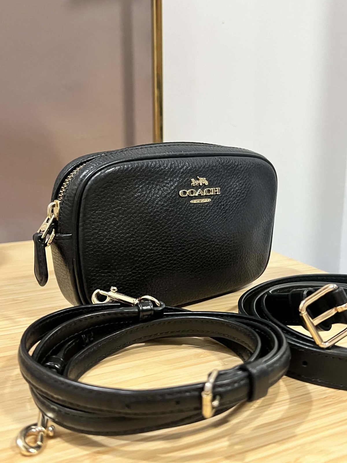 ORIG Preloved Coach Black Pebbled Leather Convertible Belt Mini Bag