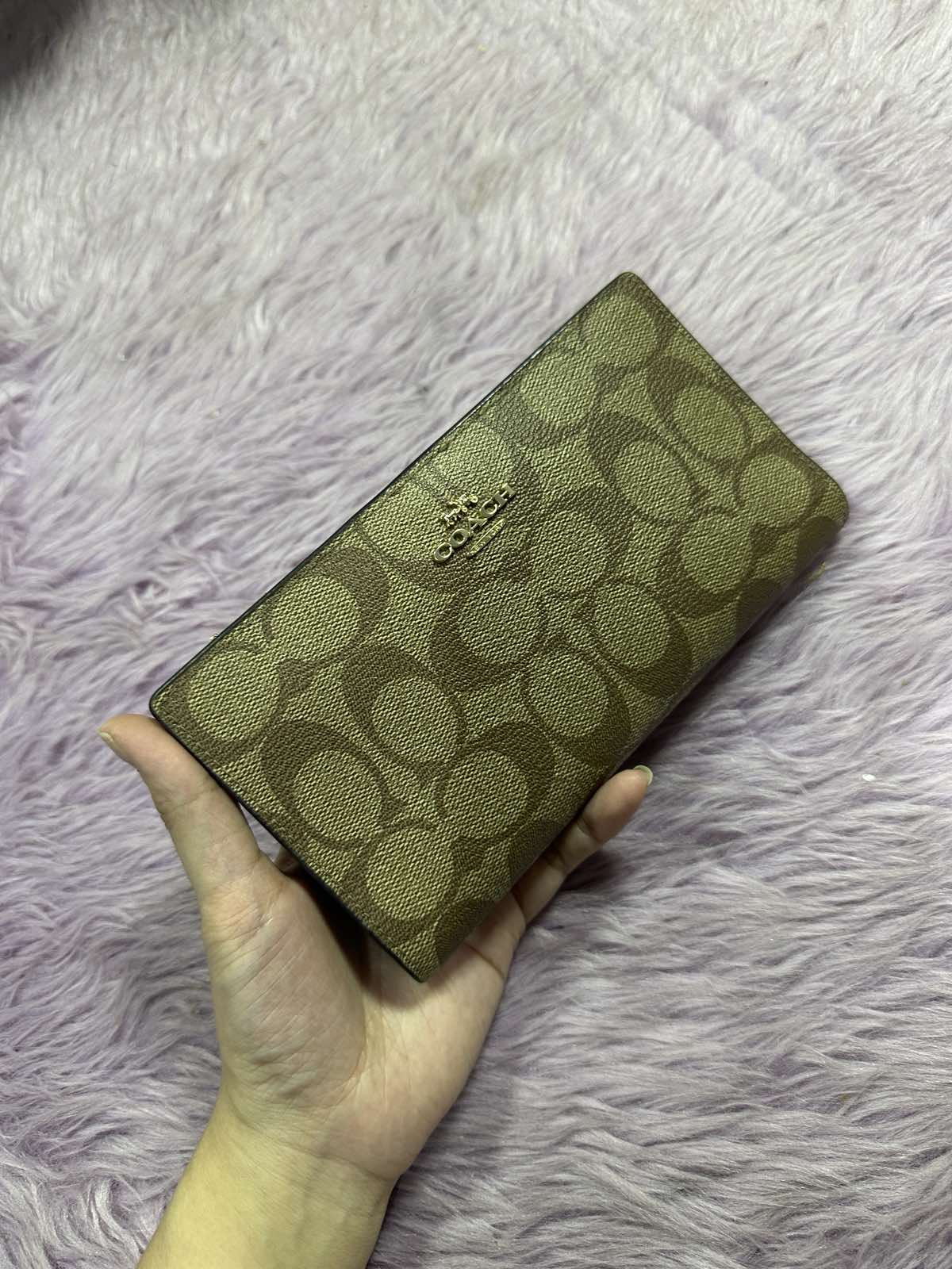 ORIG Preloved Coach Slim Zip Wallet In Signature Canvas Khaki Brown