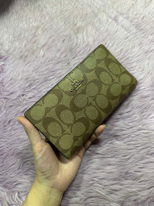 ORIG Preloved Coach Slim Zip Wallet In Signature Canvas Khaki Brown