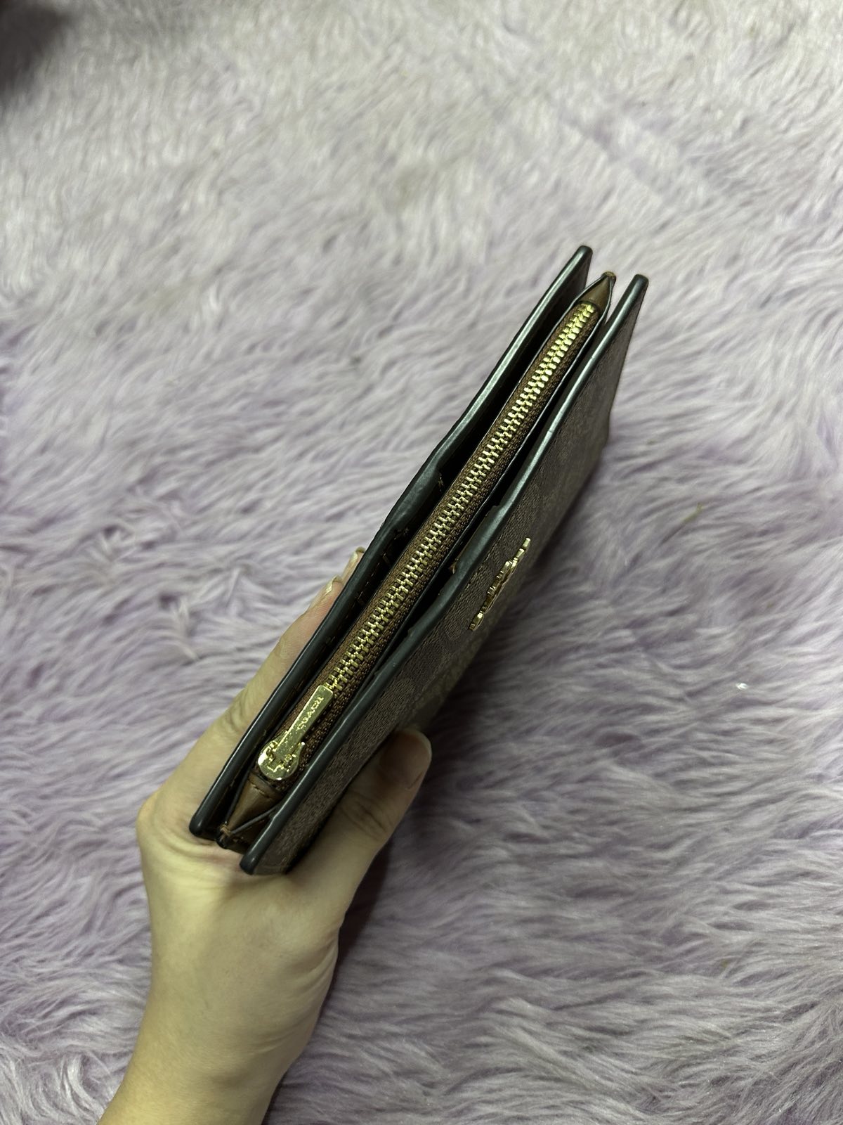 ORIG Preloved Coach Slim Zip Wallet In Signature Canvas Khaki Brown