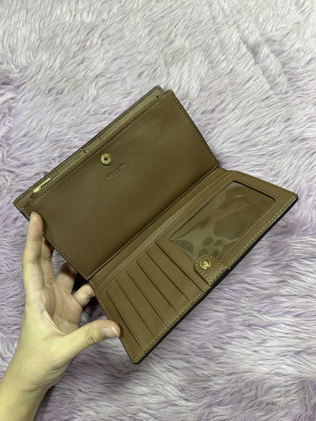 ORIG Preloved Coach Slim Zip Wallet In Signature Canvas Khaki Brown