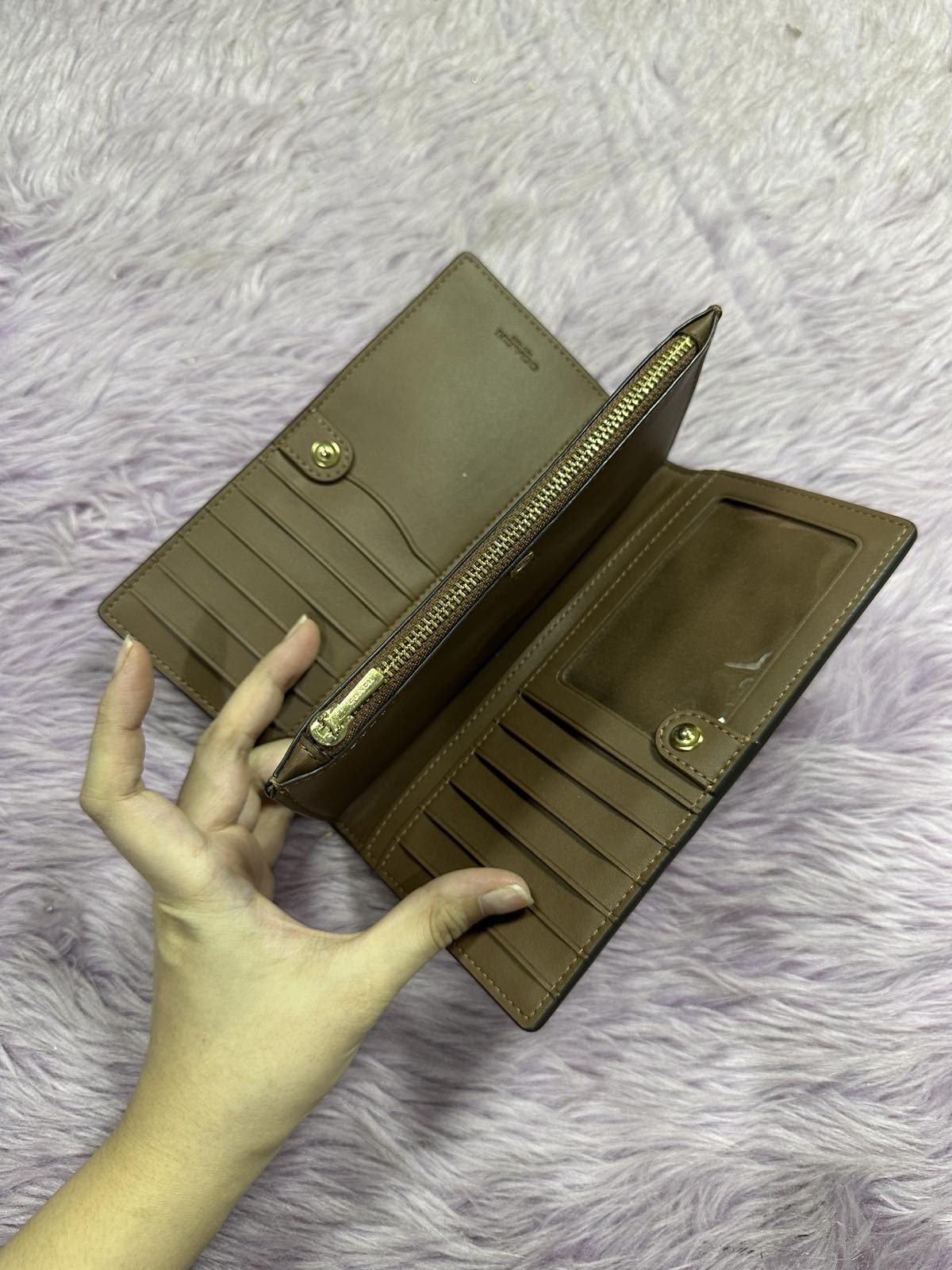 ORIG Preloved Coach Slim Zip Wallet In Signature Canvas Khaki Brown