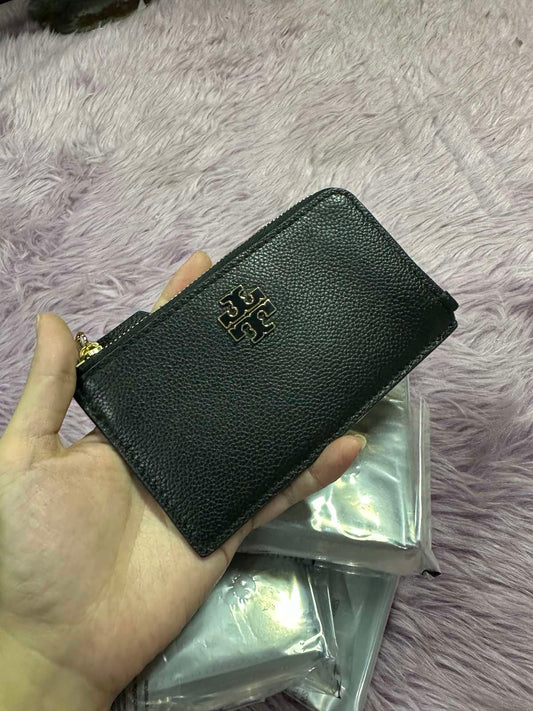 ORIG & IMPORTED TORY BURCH TB Britten Zip-Up Pebbled Leather Card Case Wallet in Black