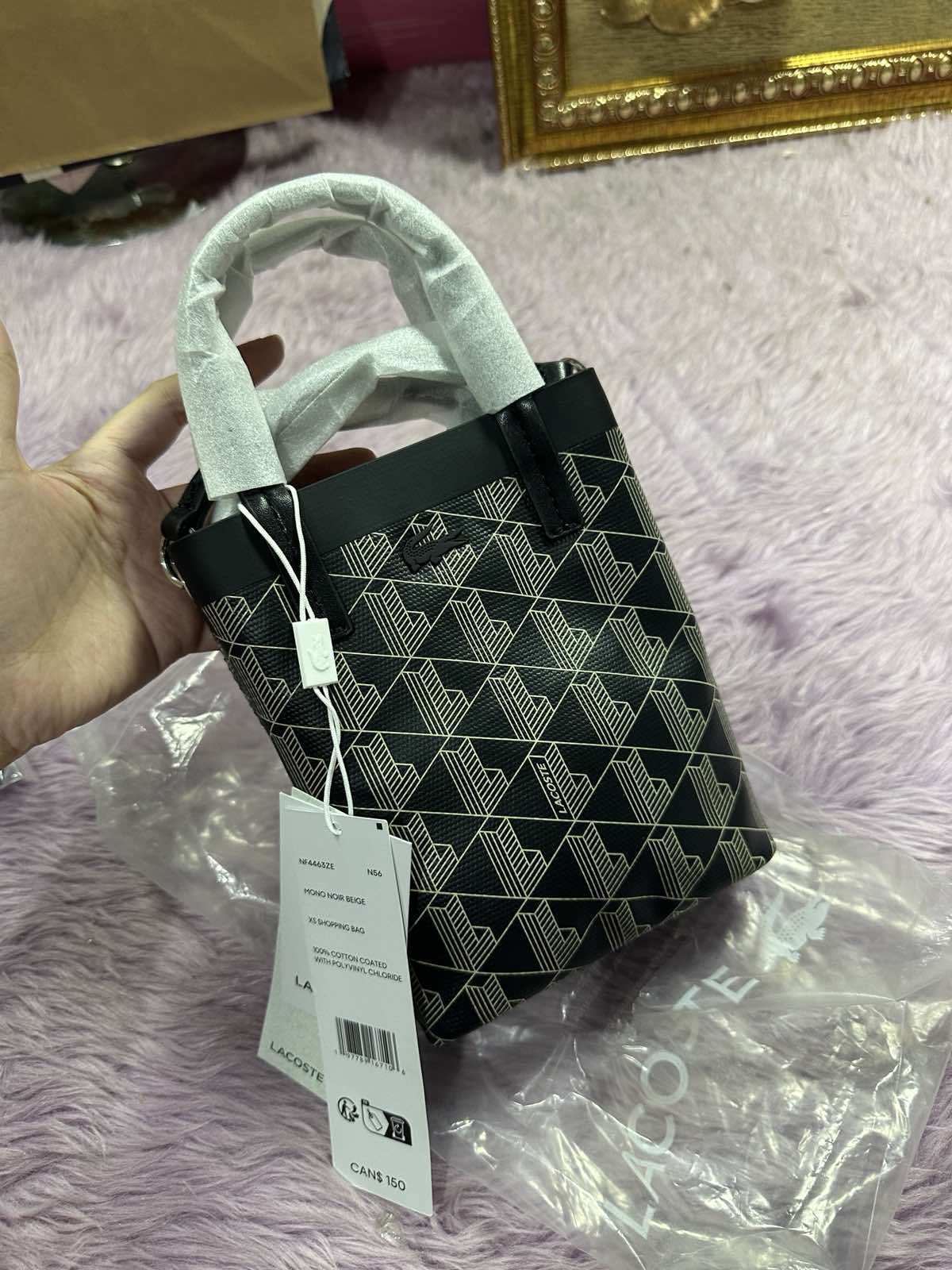 ORIG & IMPORTED LACOSTE Zely Coated Canvas Monogram Mini Tote Black Bag