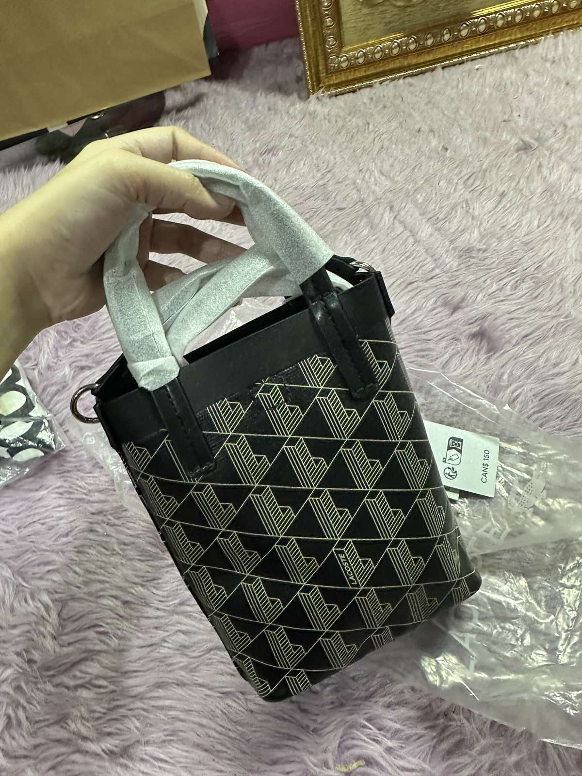 ORIG & IMPORTED LACOSTE Zely Coated Canvas Monogram Mini Tote Black Bag