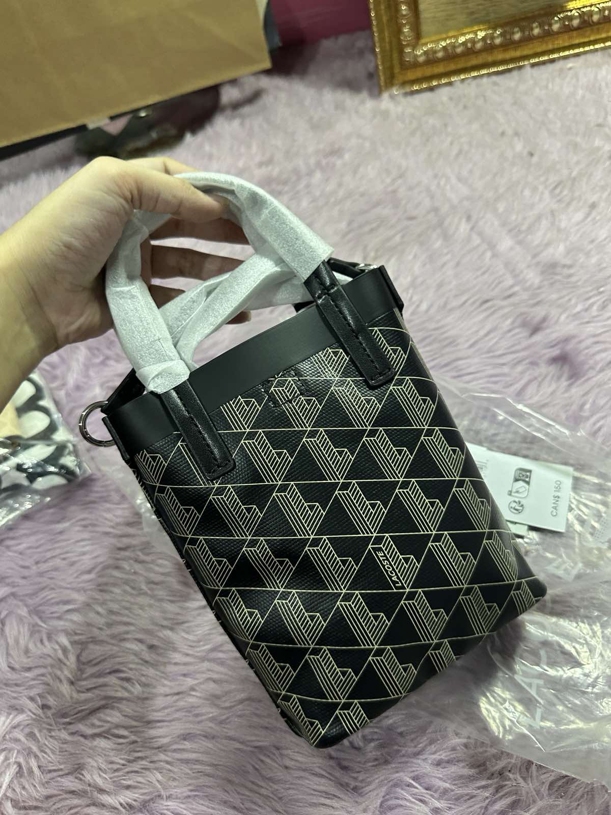 ORIG & IMPORTED LACOSTE Zely Coated Canvas Monogram Mini Tote Black Bag