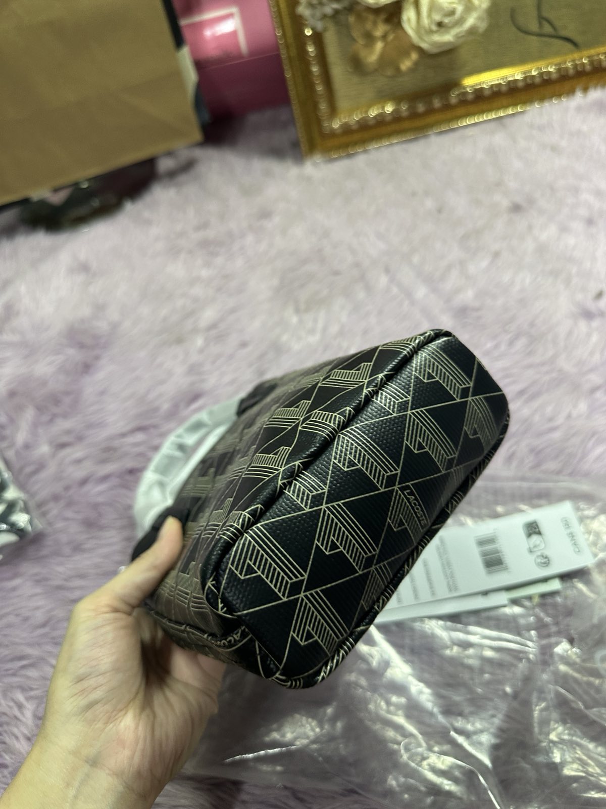 ORIG & IMPORTED LACOSTE Zely Coated Canvas Monogram Mini Tote Black Bag