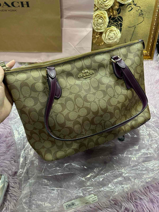 ORIG Preloved Coach gallery large tote bag in Khaki Brown/Berry