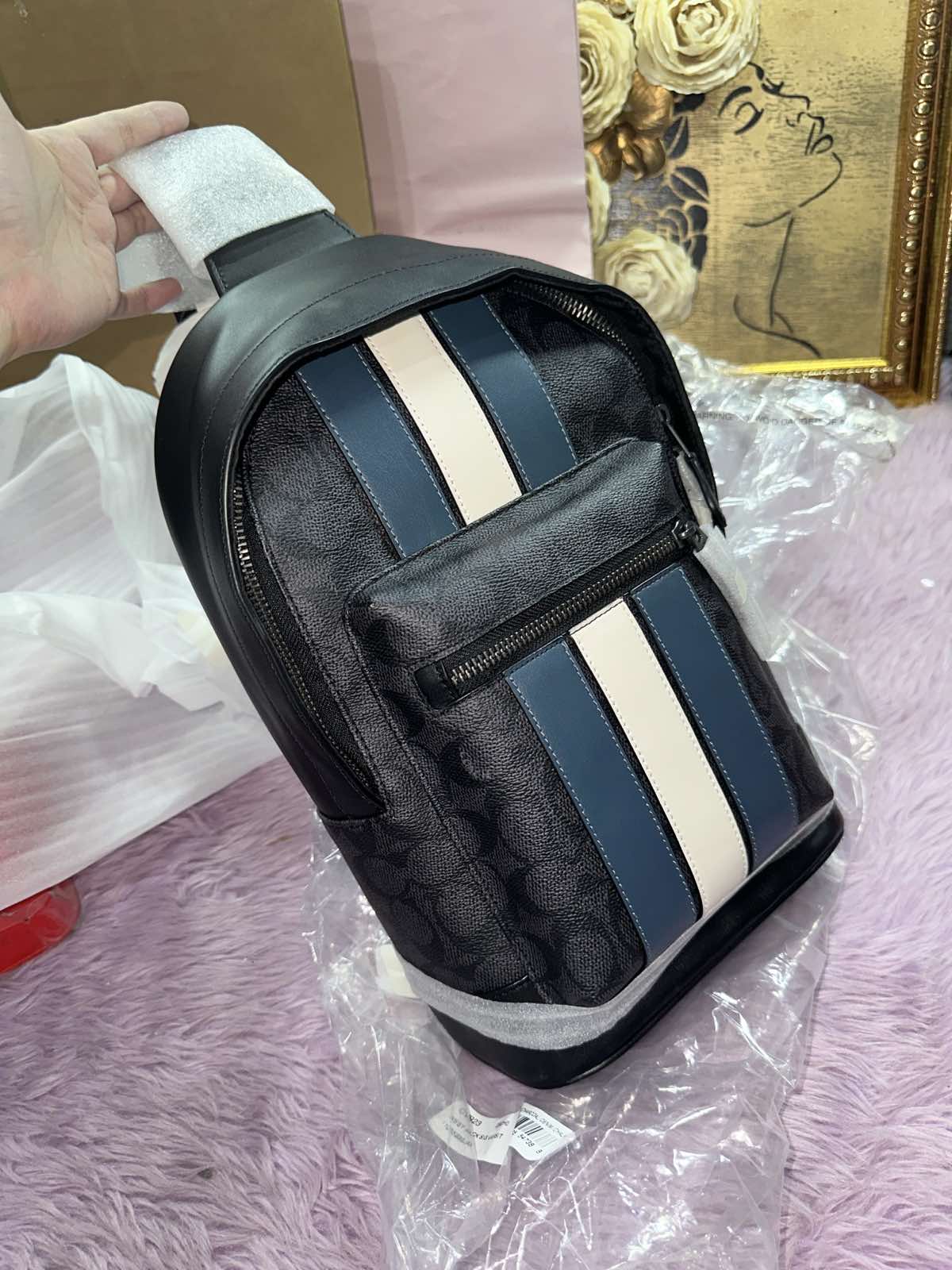 ORIG & IMPORTED Coach West Pack In Signature Canvas Varsity Stripe Men Black Bag