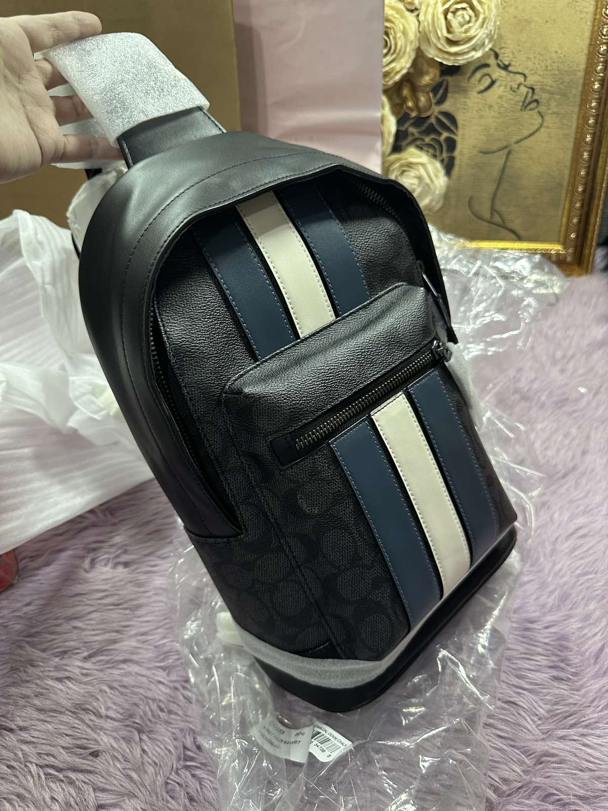 ORIG & IMPORTED Coach West Pack In Signature Canvas Varsity Stripe Men Black Bag