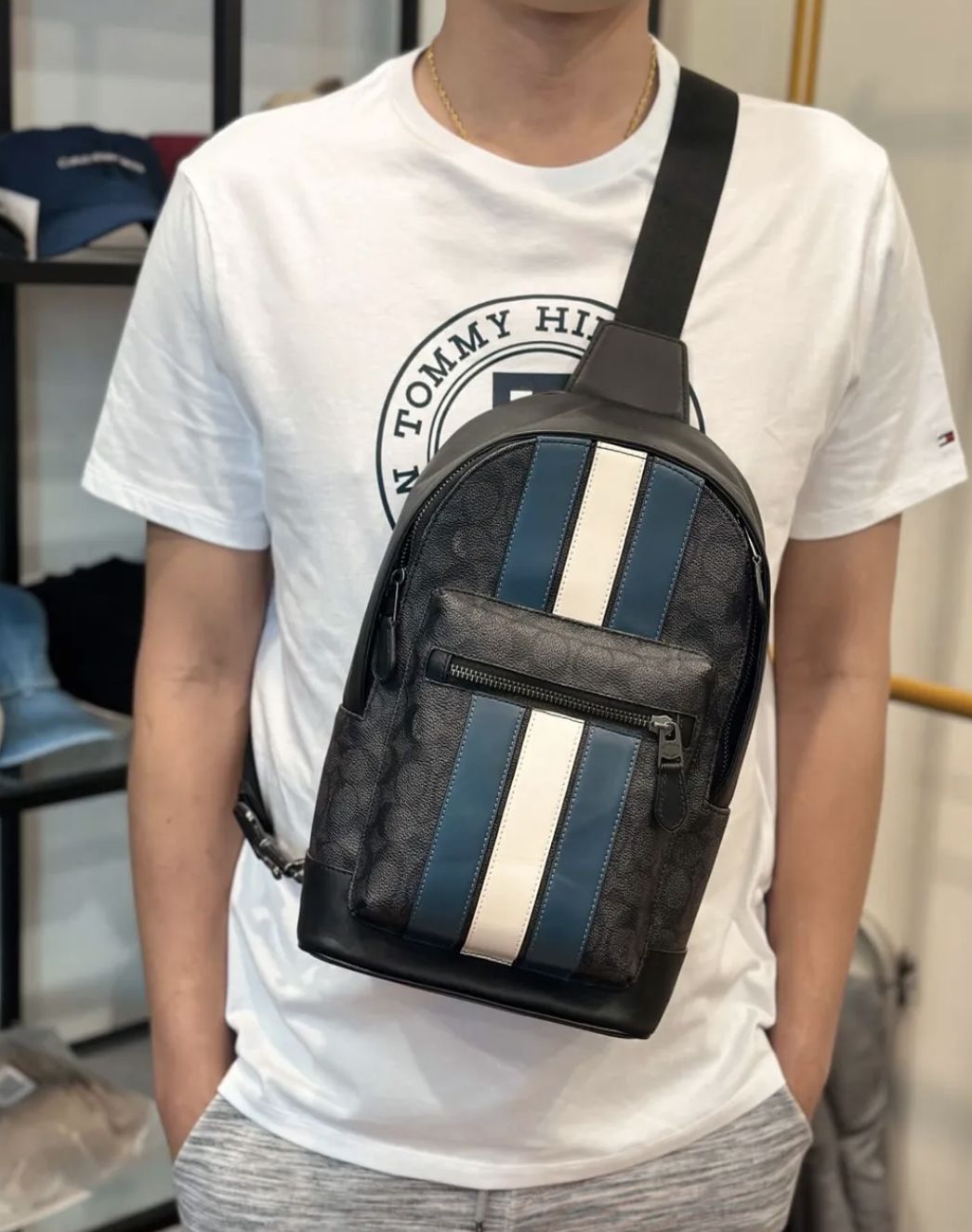 ORIG & IMPORTED Coach West Pack In Signature Canvas Varsity Stripe Men Black Bag