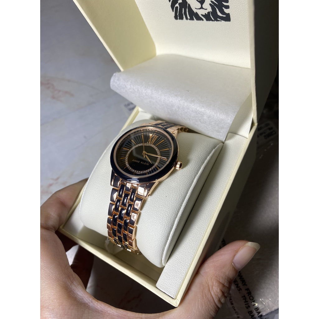 AUTHENTIC Anne Klein Women's Glitter Accented Dial Bracelet Watch, AK/3924BKRG - Rose Gold/Black