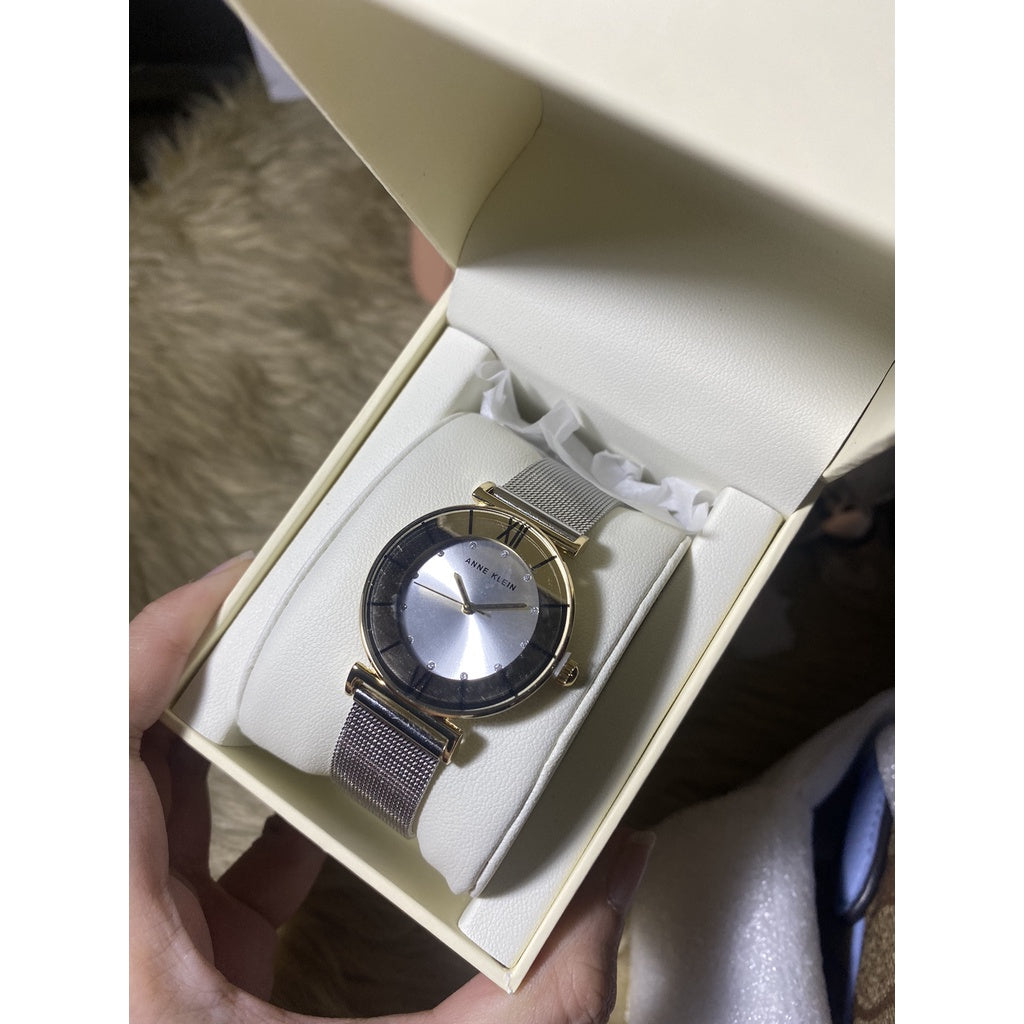 AUTHENTIC Anne Klein Women's Glitter Accented Mesh Bracelet Watch AK/3781SVTT