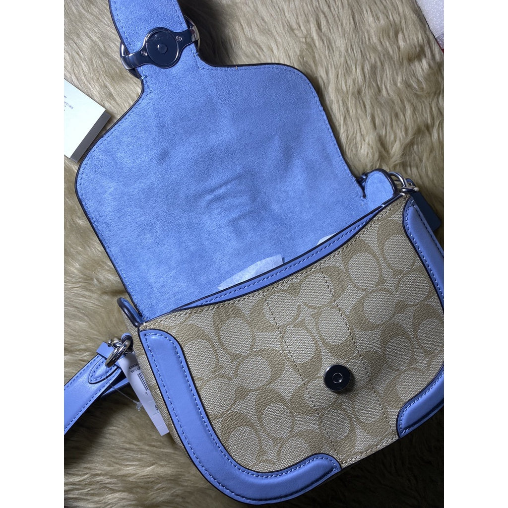 SALE! ❤️ AUTHENTIC COACH Georgie Saddle Bag In Signature Canvas Silver/Light Khaki/Marble Blue
