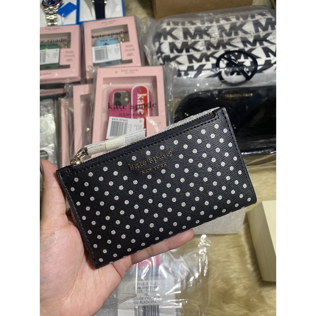 AUTHENTIC KateSpade KS spencer metallic dot small slim bifold wallet BLACK