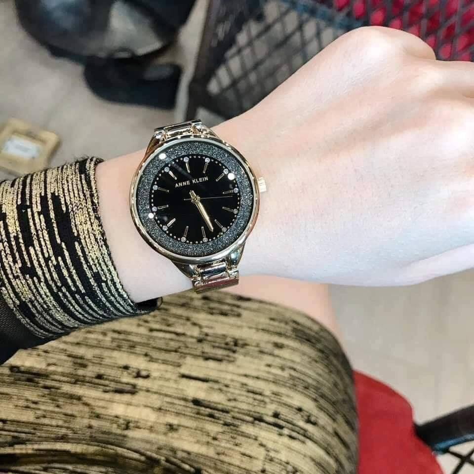 AUTHENTIC Anne Klein Women's AK/1408BKBK Premium Crystal Accented Black Shimmer Resin Watch