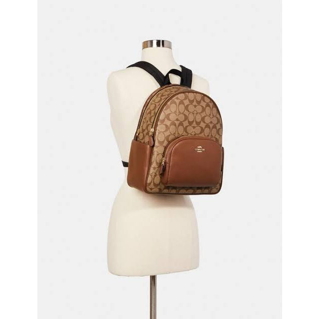 AUTHENTIC/ORIGINAL COACH Court Medium Backpack In Signature Canvas Bag in Khaki Saddle Brown