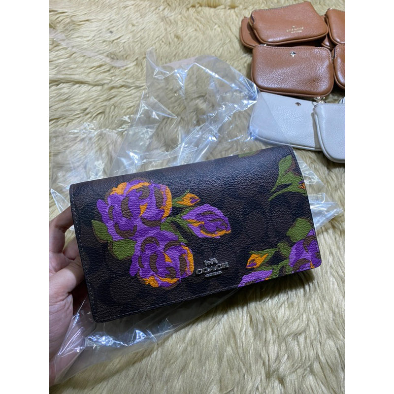 AUTHENTIC/ORIGINAL Coach Anna Foldover Clutch Crossbody Bag In Signature Canvas With Rose Print