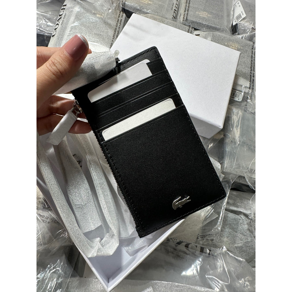 AUTHENTIC/ORIGINAL LACOSTE Men's Fitzgerald Leather Neck Strap Zippered Card Lanyard Wallet BLACK