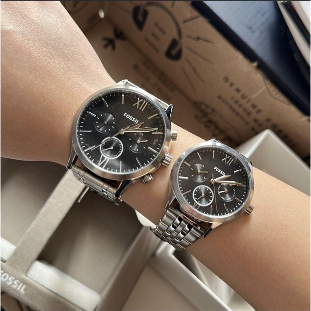 AUTHENTIC/ORIGINAL Fossil His and Her Fenmore Multifunction Stainless Steel Couple Watch Gift Set