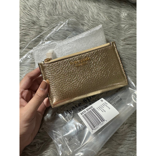 AUTHENTIC/ORIGINAL KateSpade Retail Morgan Metallic Small Slim Bifold Wallet GOLD