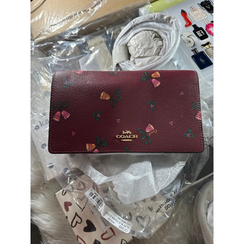 AUTHENTIC/ORIGINAL COACH Anna Foldover Clutch Crossbody Bag With Holiday Bells Print in MaroonCherry