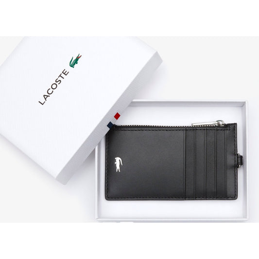 AUTHENTIC/ORIGINAL LACOSTE Men's Fitzgerald Leather Neck Strap Zippered Card Lanyard Wallet BLACK