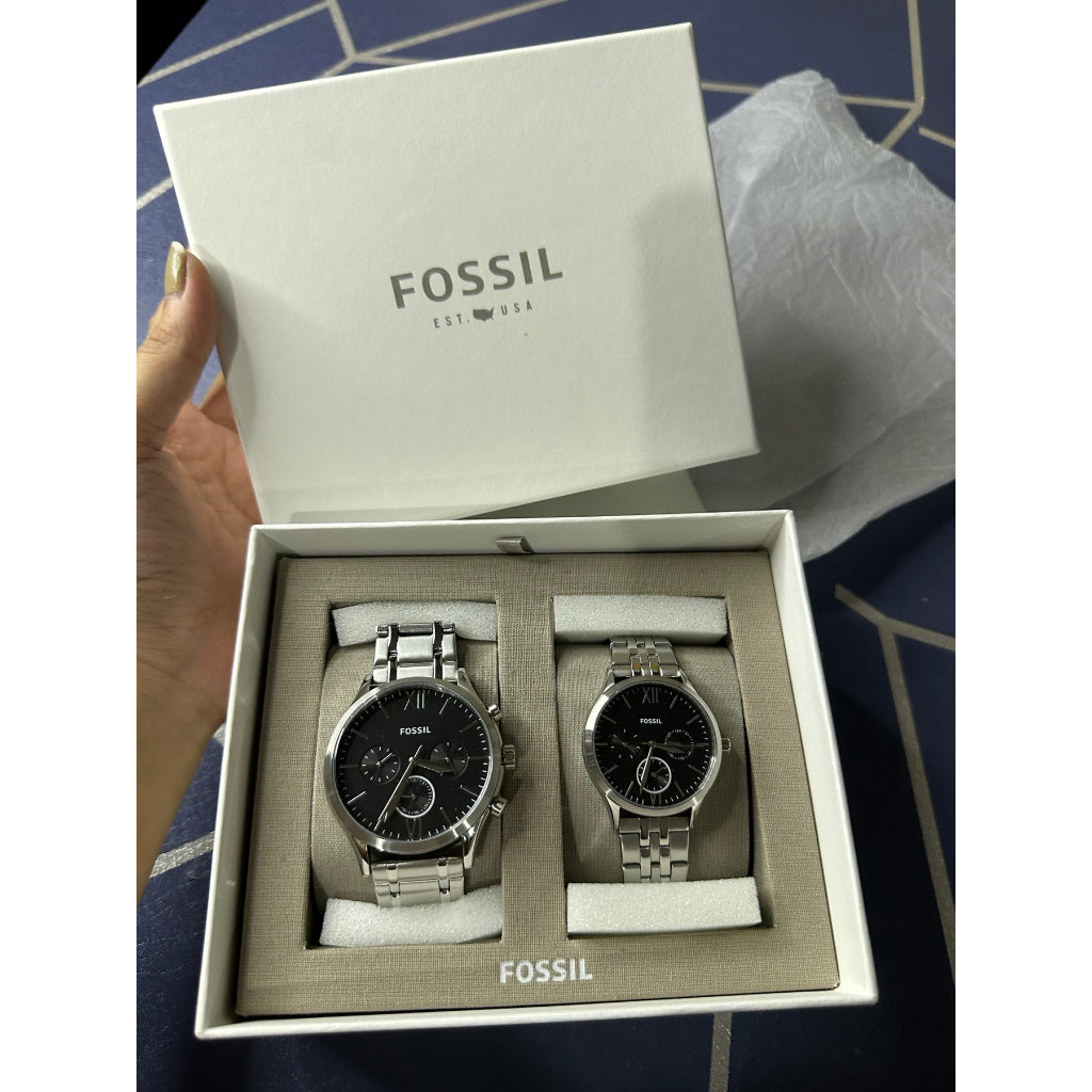 AUTHENTIC/ORIGINAL Fossil His and Her Fenmore Multifunction Stainless Steel Couple Watch Gift Set