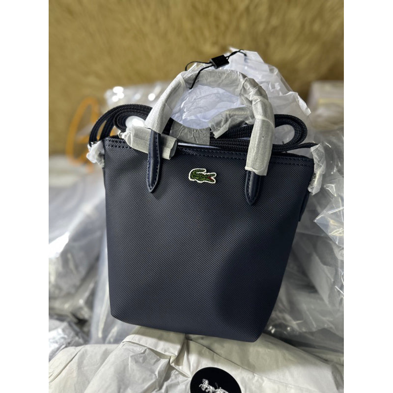 AUTHENTIC/ORIGINAL Lacoste Women's Concept Petit Piqué Coated Canvas Mini Zip Tote Bag Black / Navy